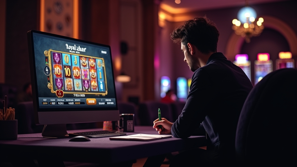 Jucător care analizează o sesiune de test Royal Joker hold and win demo și își notează observațiile