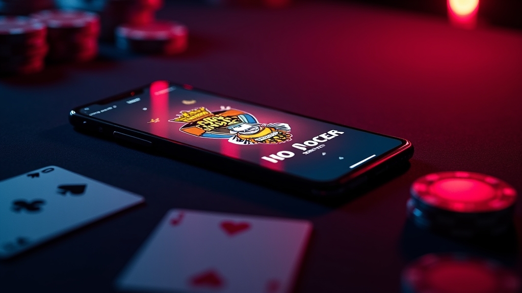 Telefon Android cu descărcarea aplicației Royal Joker pe fundal de cazinou întunecat